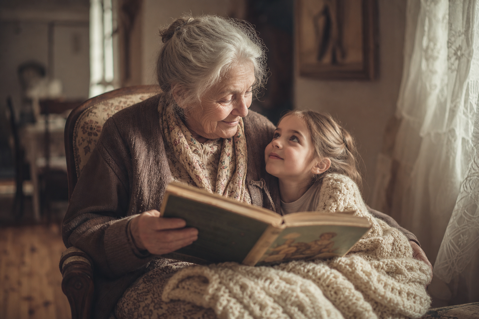 An elderly grandmother reading a worn storybook to her young grandchild in soft window light